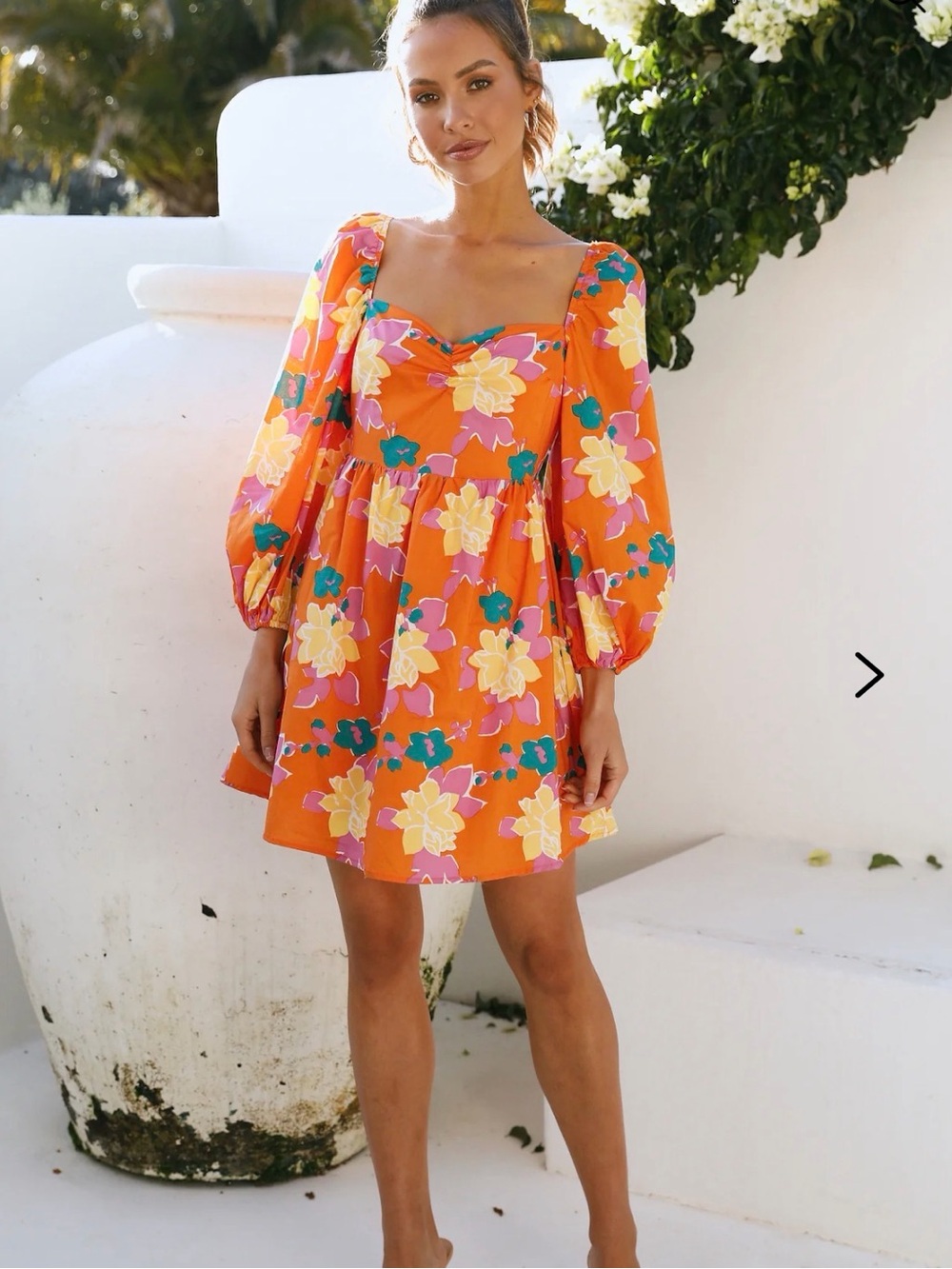 Bright Orange Floral Dress with Puff Sleeves